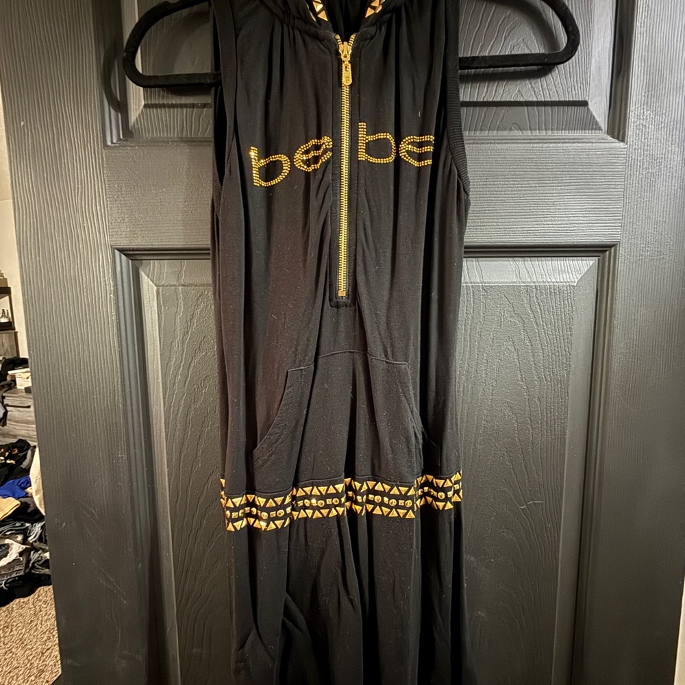 Bebe Black Hoodie Dress with Gold Detailing